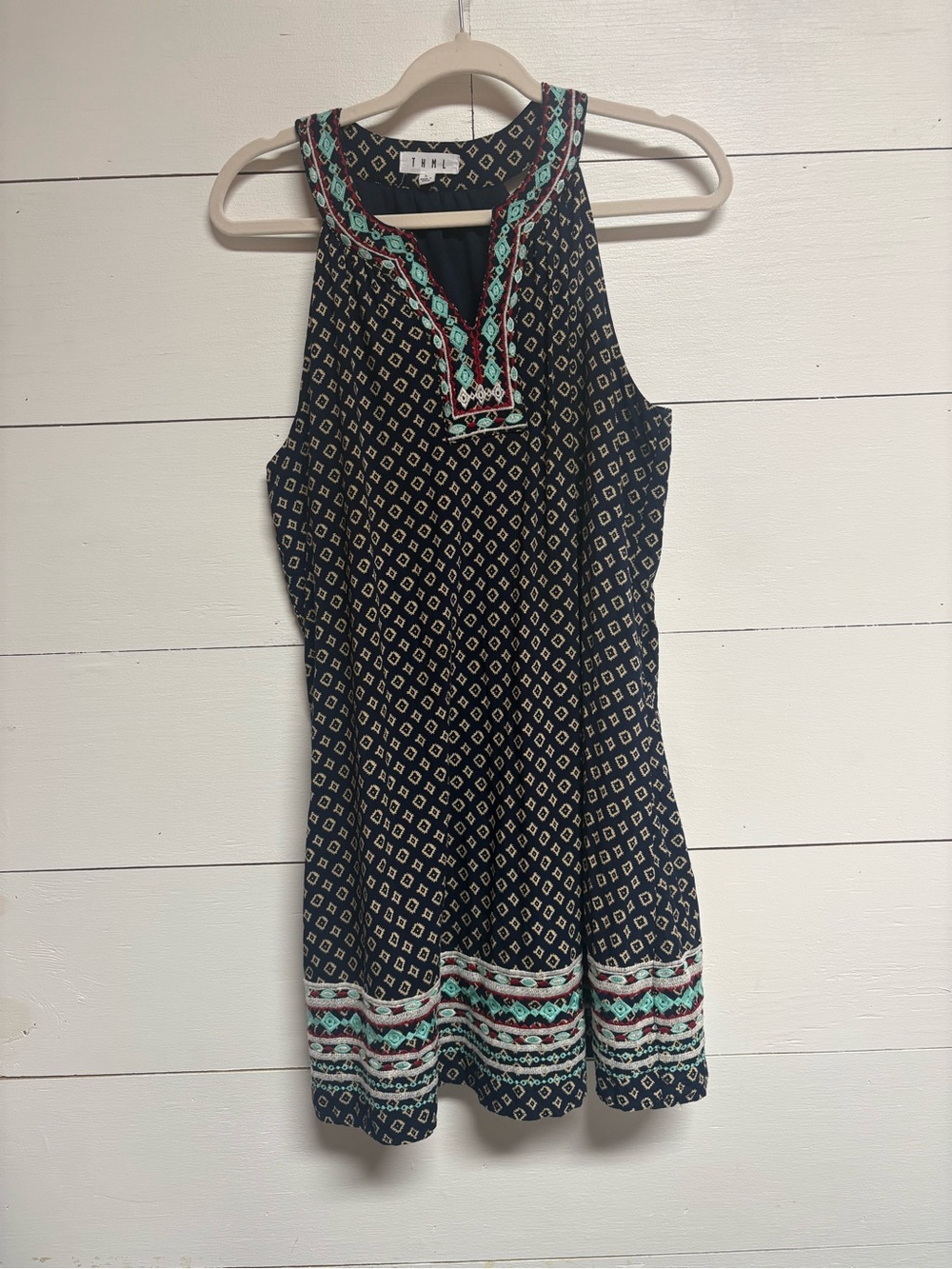 THML Navy Geometric Embroidered Sleeveless Shift Dress Boho